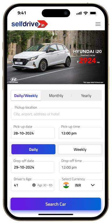 A cell phone showing a Selfdrive UK car rental application with offers and booking options